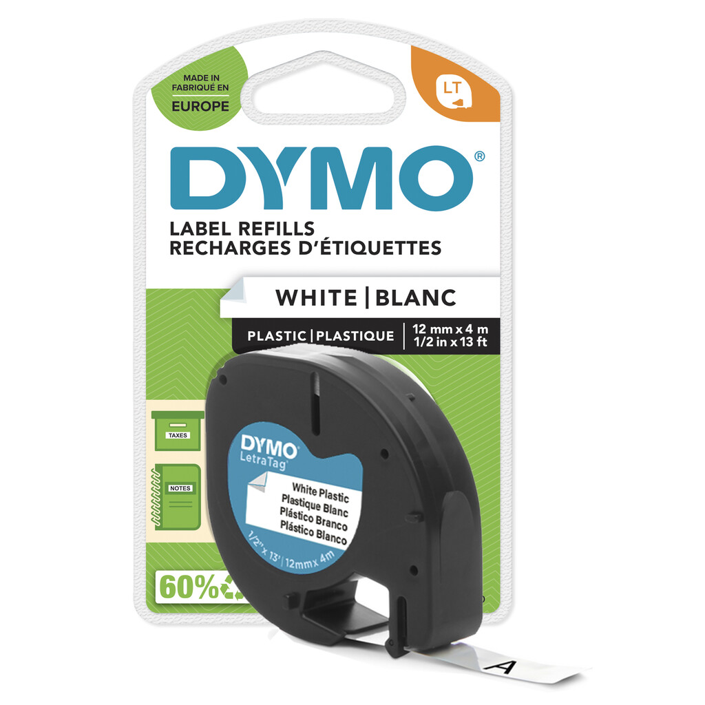 DYMO LetraTag originele plastic labels | Zwart afdrukken op witte etiketten | 12 mm x 4 m | Zelfklevende multifunctionele labels
