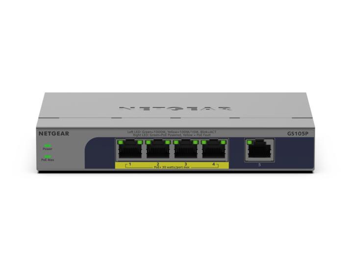 NETGEAR GS105P Unmanaged Gigabit Ethernet (10/100/1000) Power over Ethernet (PoE) Bureaublad-/wandmontage Grijs - Afbeelding 2