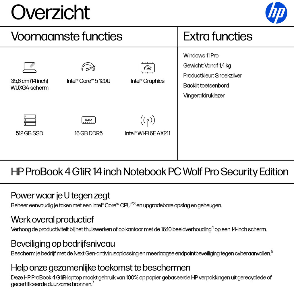 HP ProBook 4 G1iR Intel Core 5 120U Laptop 35,6 cm (14") WUXGA 16 GB DDR5-SDRAM 512 GB SSD Wi-Fi 6E (802.11ax) Windows 11 Pro Zi - Afbeelding 12
