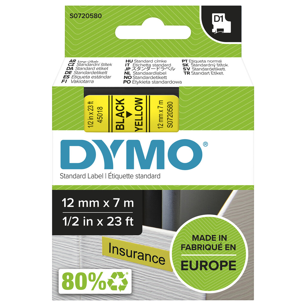 DYMO originele D1 labels | Zwarte Tekst op Geel Label | 12 mm x 7 m | Zelfklevende etiketten voor de LabelManager labelprinter |