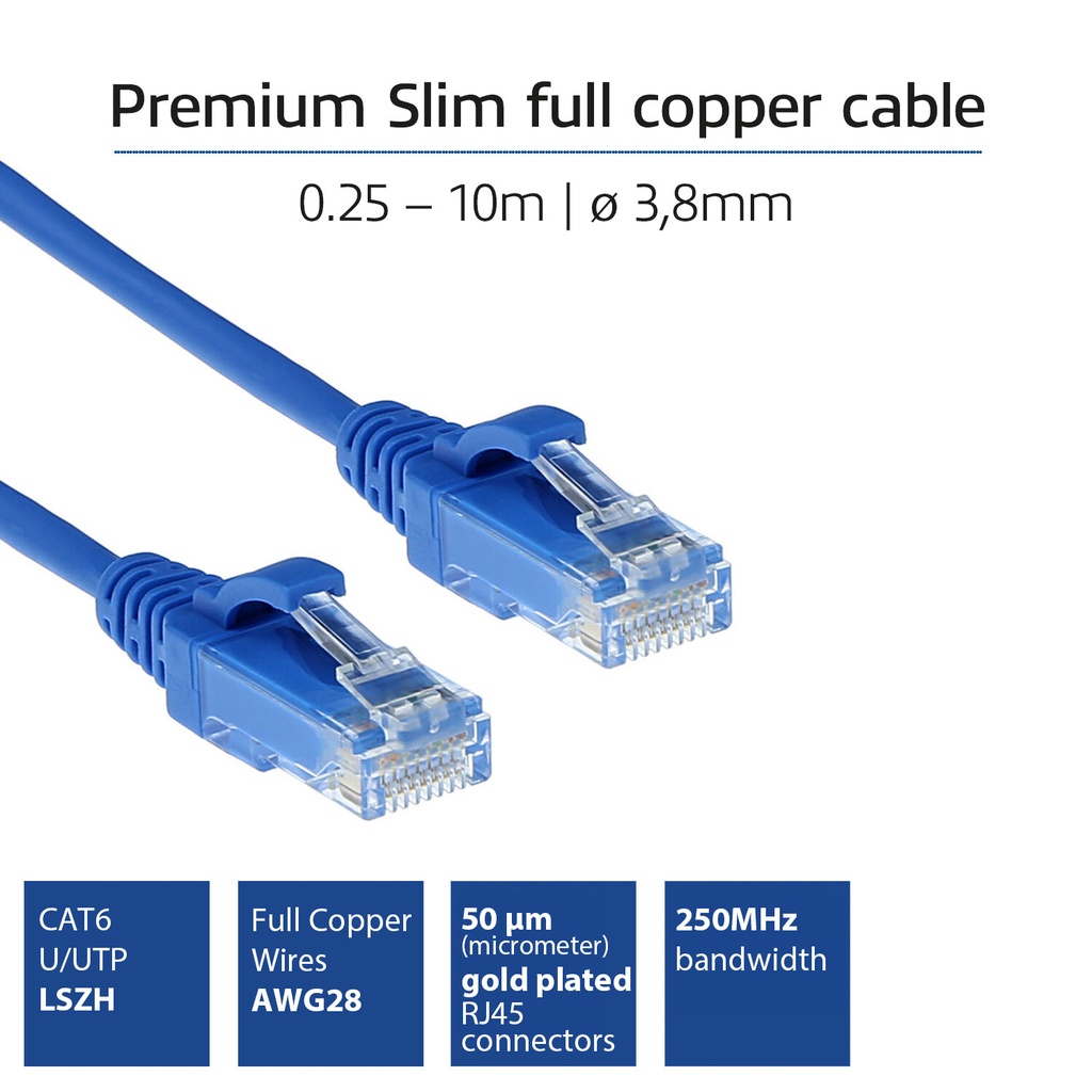 ACT Blauwe 1.5 meter LSZH U/UTP CAT6 datacenter slimline patchkabel snagless met RJ45 connectoren - Afbeelding 2