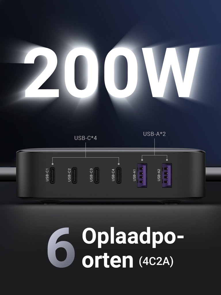 Ugreen 40914 Nexode 200W GaN Desktop USB-C USB-A Oplader - Afbeelding 2