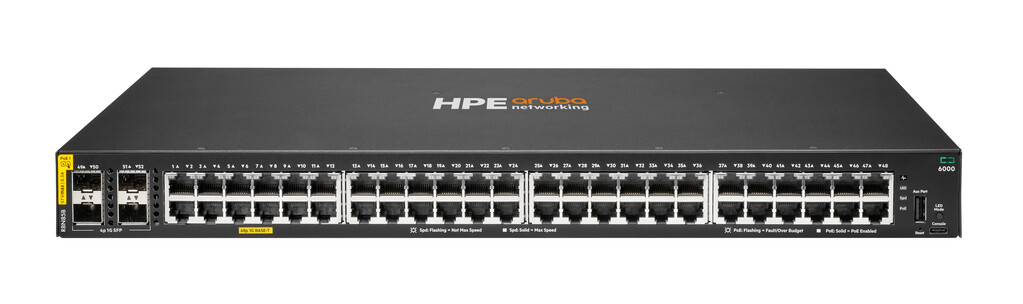 HPE Aruba Networking CX 6000 48p 10M/100M/1G Class4 PoE 4p SFP 1G 370W Switch Power over Ethernet (PoE)