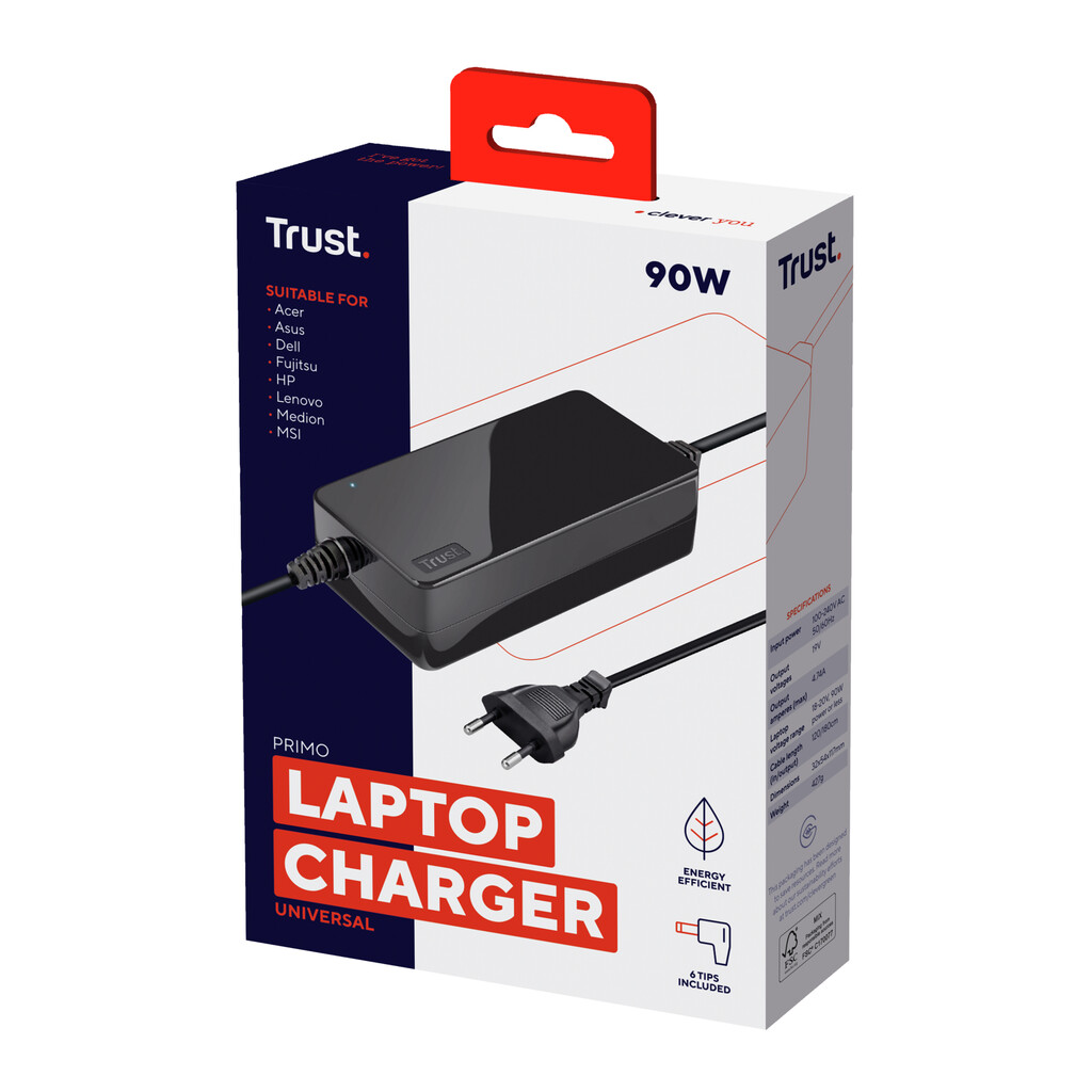 Trust Primo 70W Universele laptop‑lader – laptop‑oplader – universele laptop‑adapter – met meerdere aansluitstukken – Zwart - Afbeelding 3